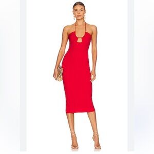Bardot Red Halter Bodycon Midi Dress Cutout Sweetheart Neck Womens